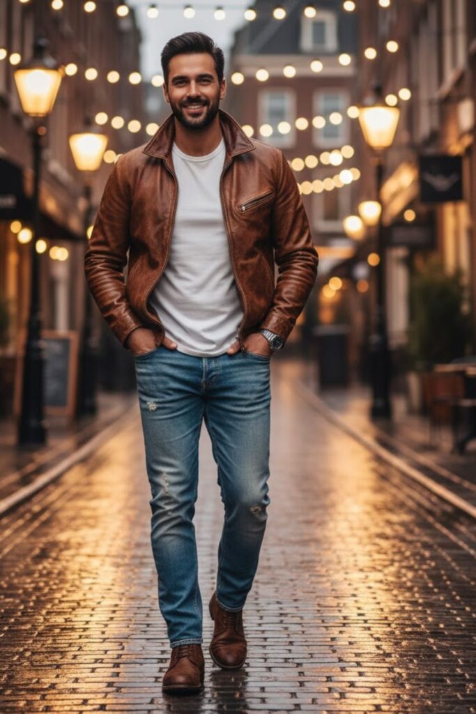 1. Vintage Leather Jacket with White Tee and Blue Jeans