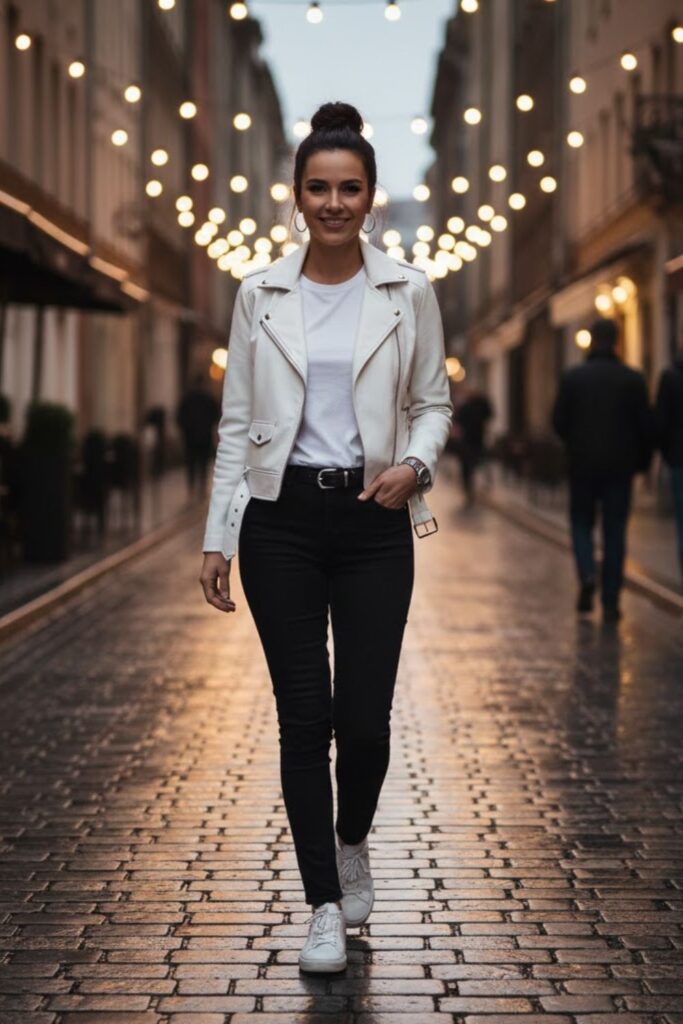 1. White Leather Jacket with White T-Shirt and Black Jeans