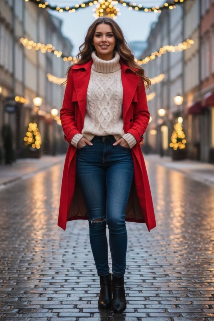 1. Winter Trench Coat with a Chunky Sweater and Skinny Jeans