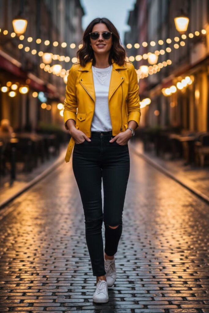 1. Yellow Leather Jacket with White Tee and Black Jeans