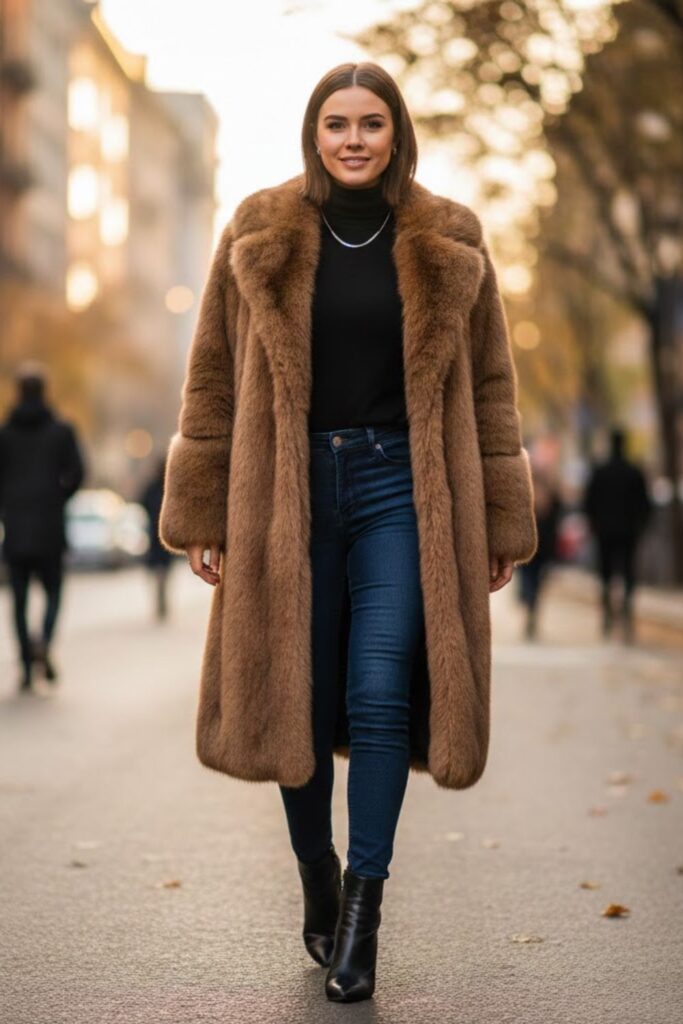 1. long fur coat outfit with black turtleneck and skinny jeans
