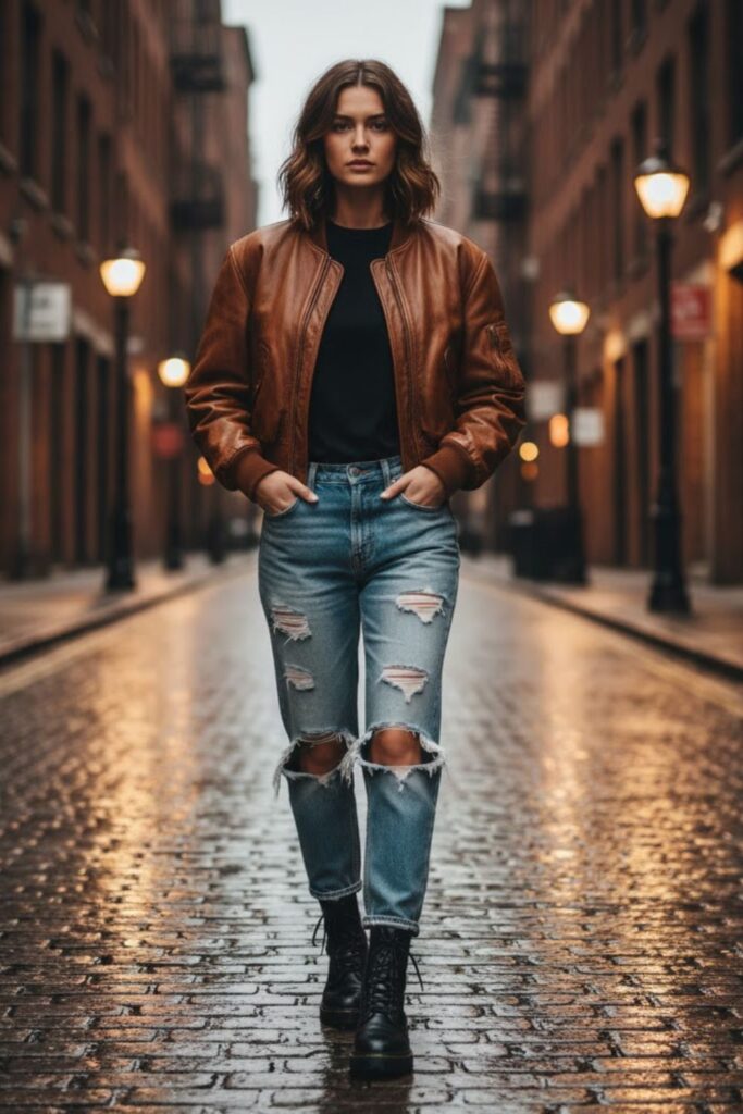 10. 90s Leather Jacket Outfit with Ripped Jeans