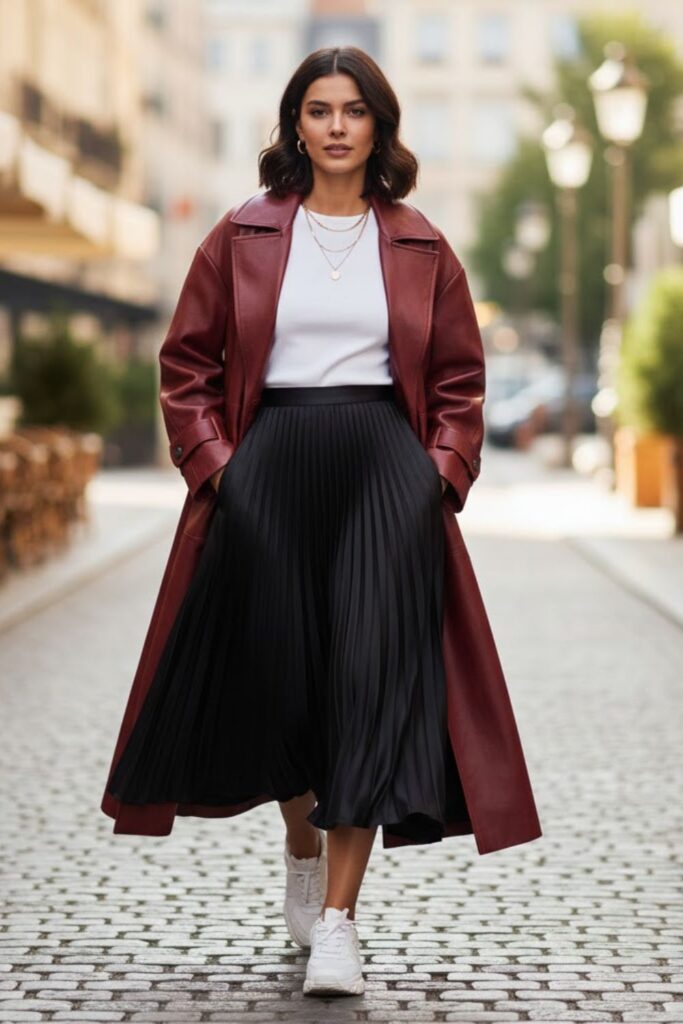 10. Baggy Leather Jacket with Satin Skirt and Sneakers