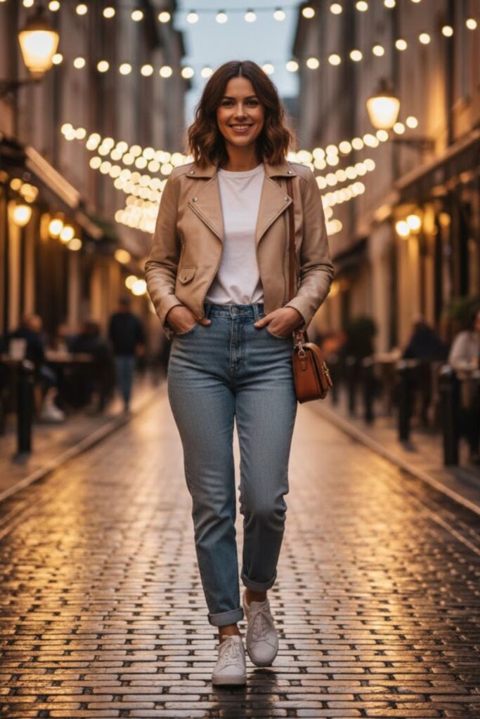 10. Beige Leather Jacket with White Sneakers