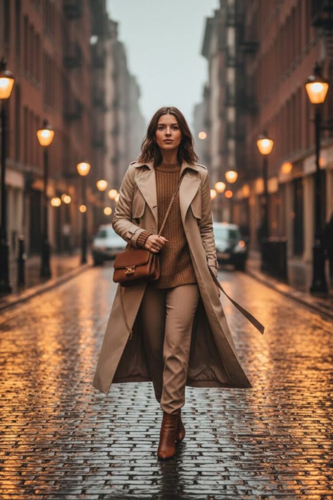 10. Beige Trench Coat With Brown Accessories