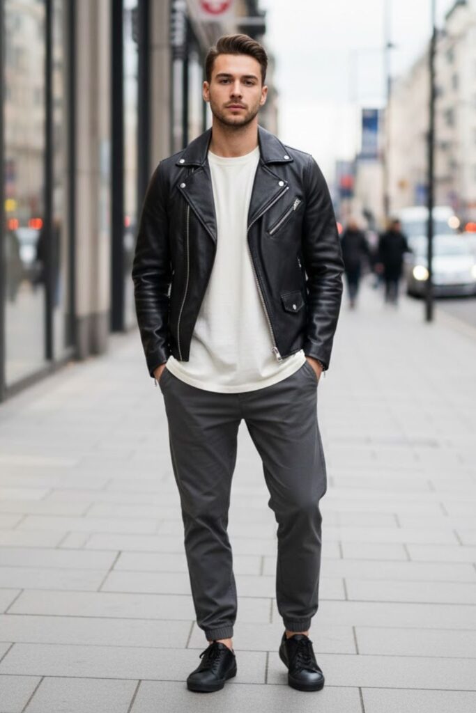 10. Black Leather Jacket Outfit Men with Oversized Tee and Joggers