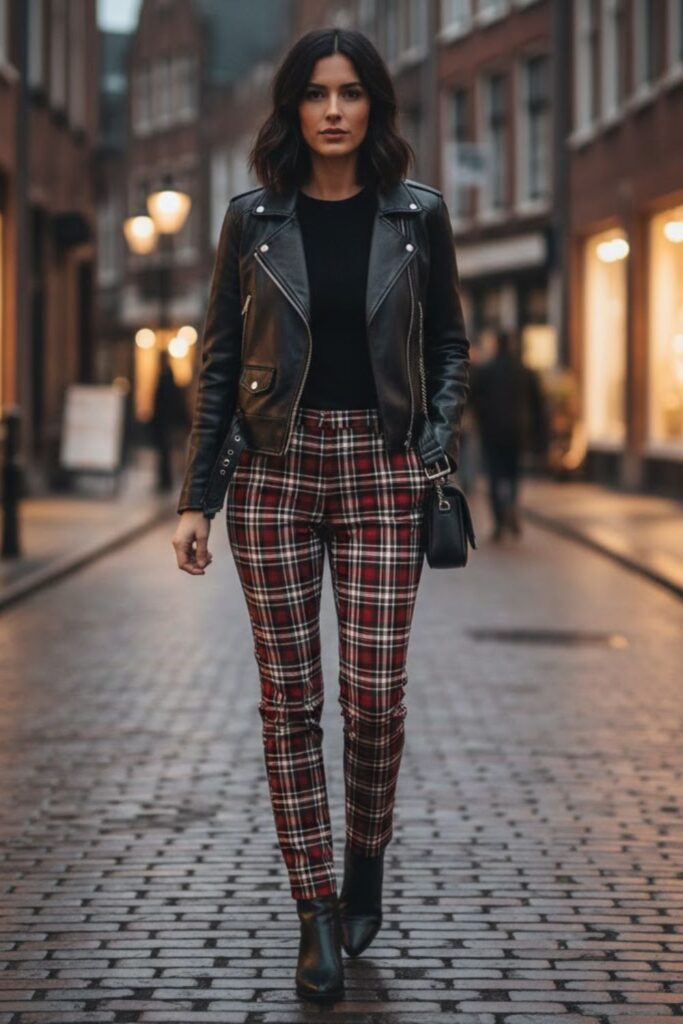 10. Black Leather Jacket with Plaid Pants