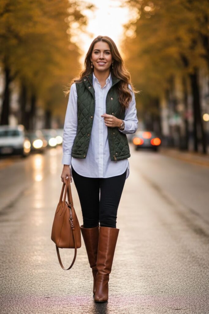 10. Black Leggings with Riding Boots and Button-Down Shirt