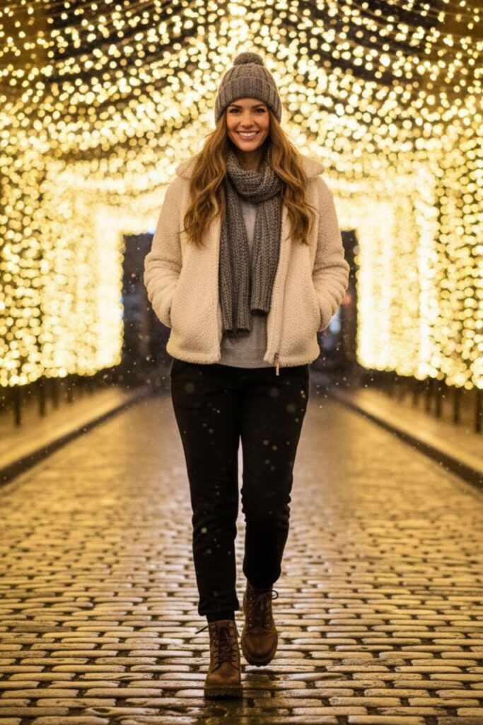 10. Black Sweatpants with Sherpa Jacket and Ankle Boots