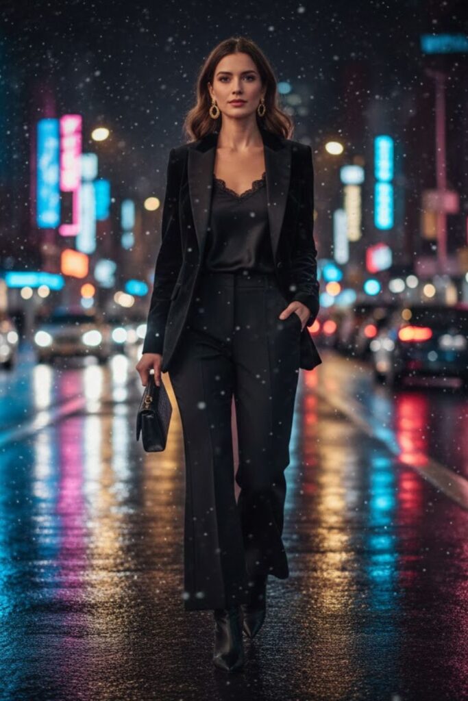 10. Black Velvet Blazer with Black Wide-Leg Pants