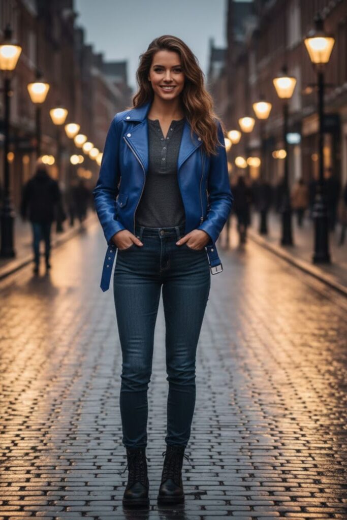 10. Blue Leather Jacket Outfit with Henley Shirt and Slim Jeans