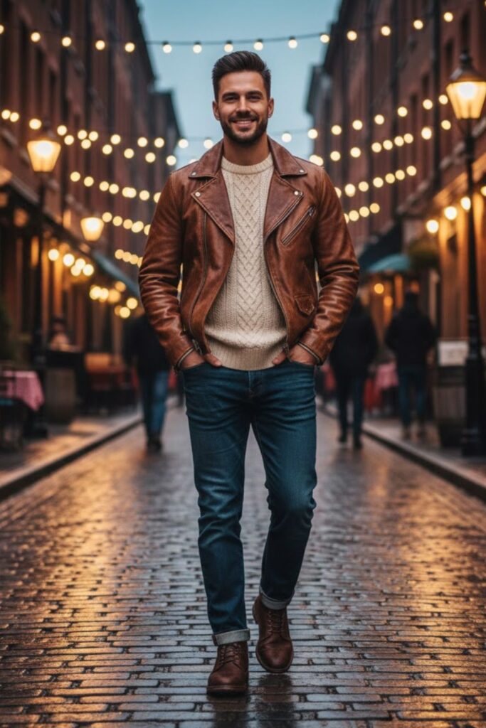 10. Brown Leather Jacket with a Sweater and Boots
