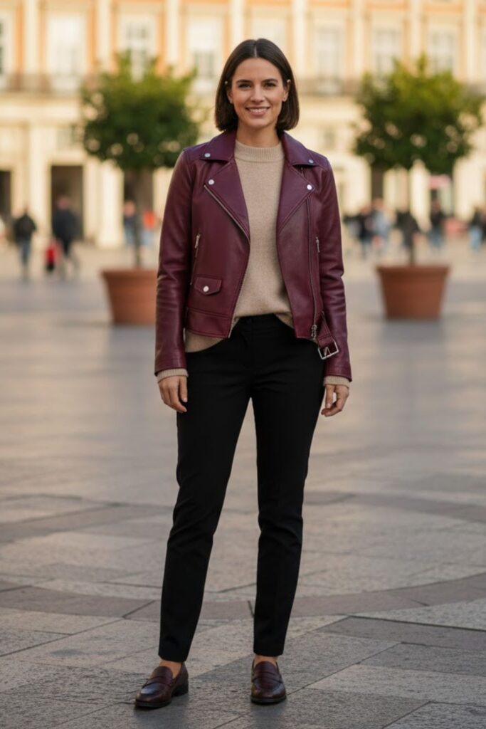 10. Burgundy Leather Jacket Outfit with Crew-Neck Sweater and Chinos