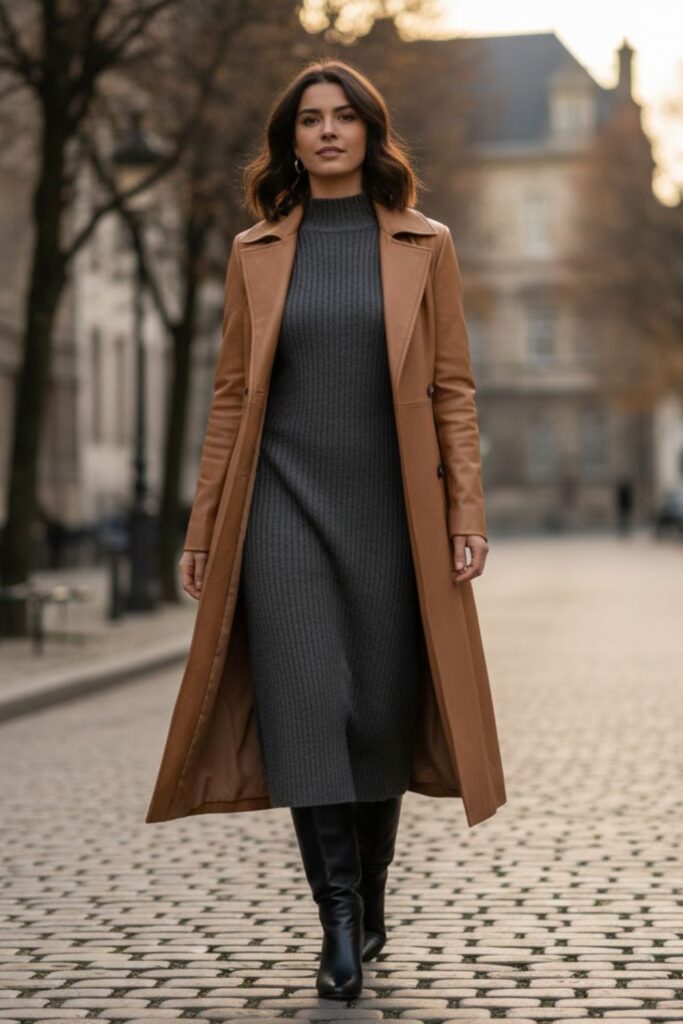 10. Camel Leather Jacket Outfit with a Knit Dress