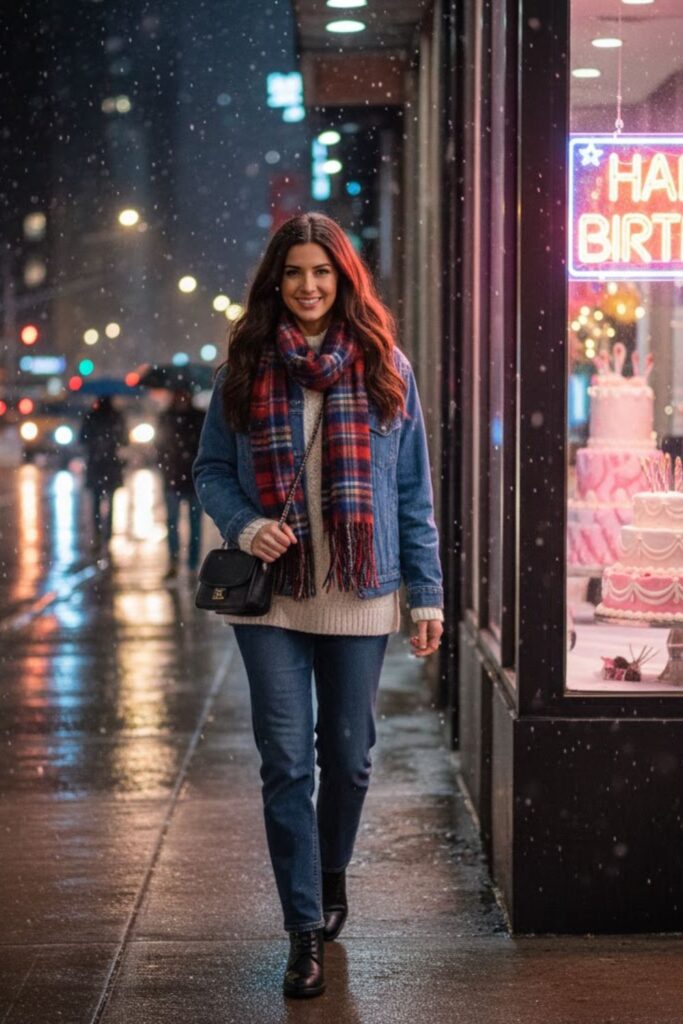 10. Denim Jacket With Layered Knits and Scarf