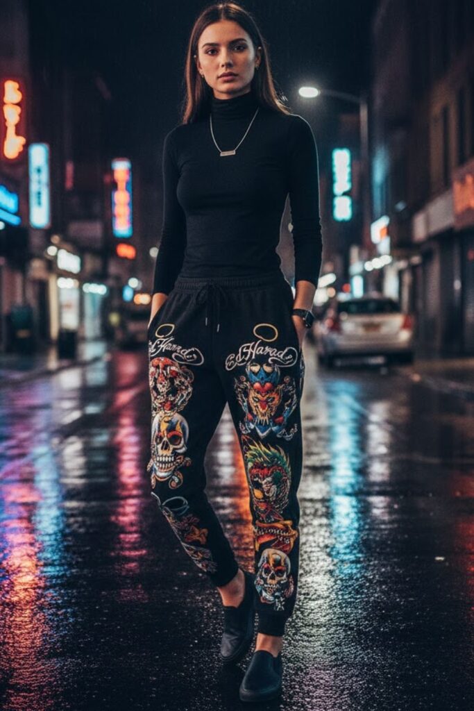 10. Ed Hardy Sweatpants with Black Turtleneck