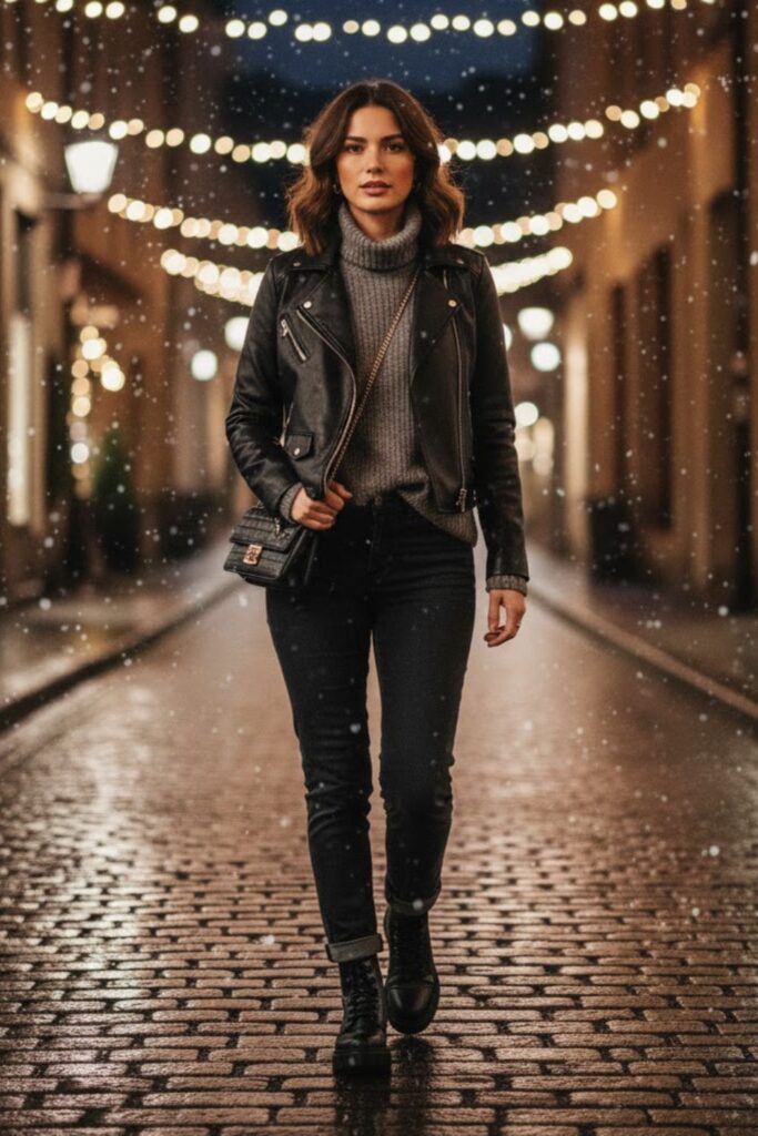 10. Faux Leather Jacket with Knit Top and Jeans