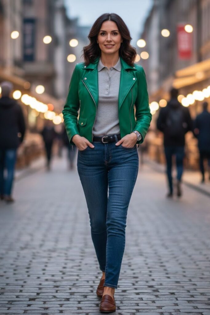 10. Green Leather Jacket with Polo Shirt and Dark Denim