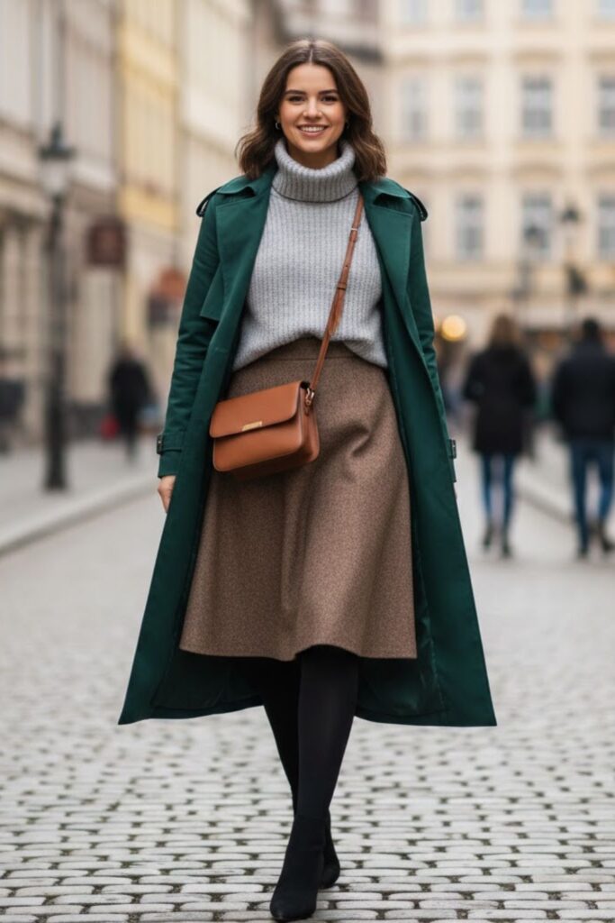 10. Green Trench Coat and a Wool Skirt With Tights