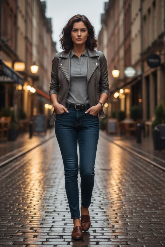 10. Grey Leather Jacket with Polo Shirt and Dark Denim