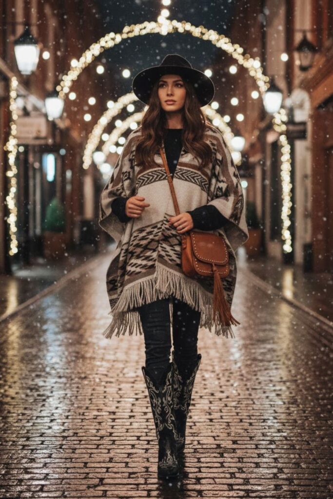 10. Knit Poncho with Skinny Jeans and Western Boots