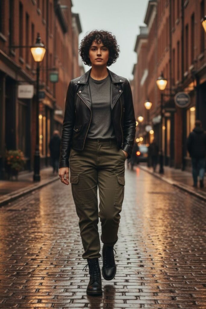 10. Leather Jacket with Cargo Pants