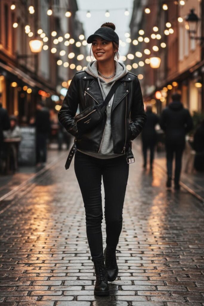 10. Leather Jacket with Slim Black Jeans and Hoodie