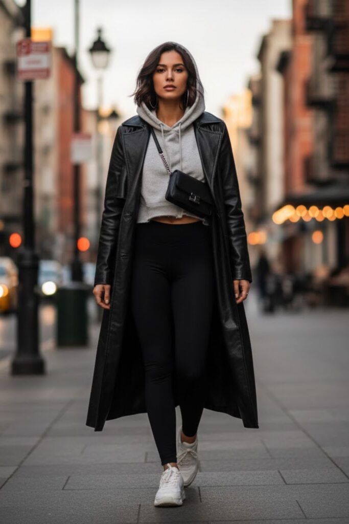 10. Long Leather Jacket with a Hoodie