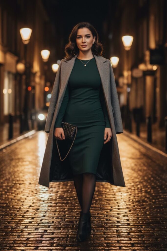 10. Long-Sleeve Dress With Tights and Heels
