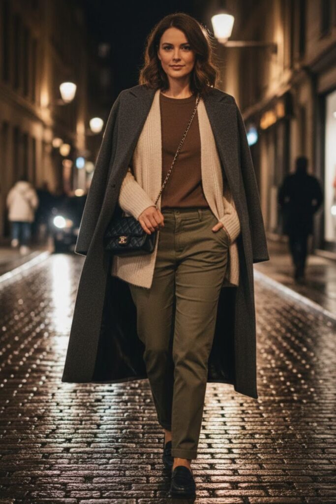 10. Long coat outfit casual with cardigan and chinos