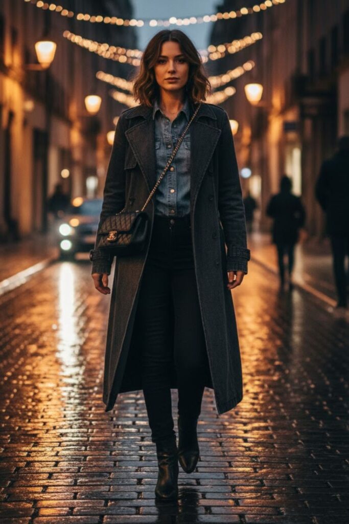 10. Long denim coat outfit with denim shirt and black jeans