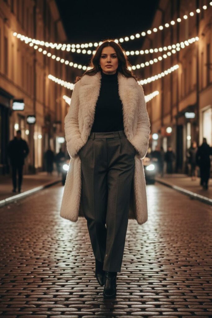 10. Long fluffy coat outfit with wide-leg trousers