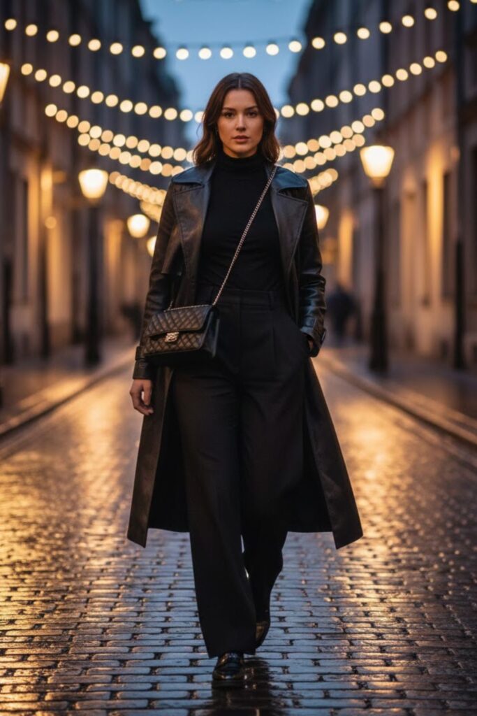 10. Long leather coat outfit with wide-leg trousers