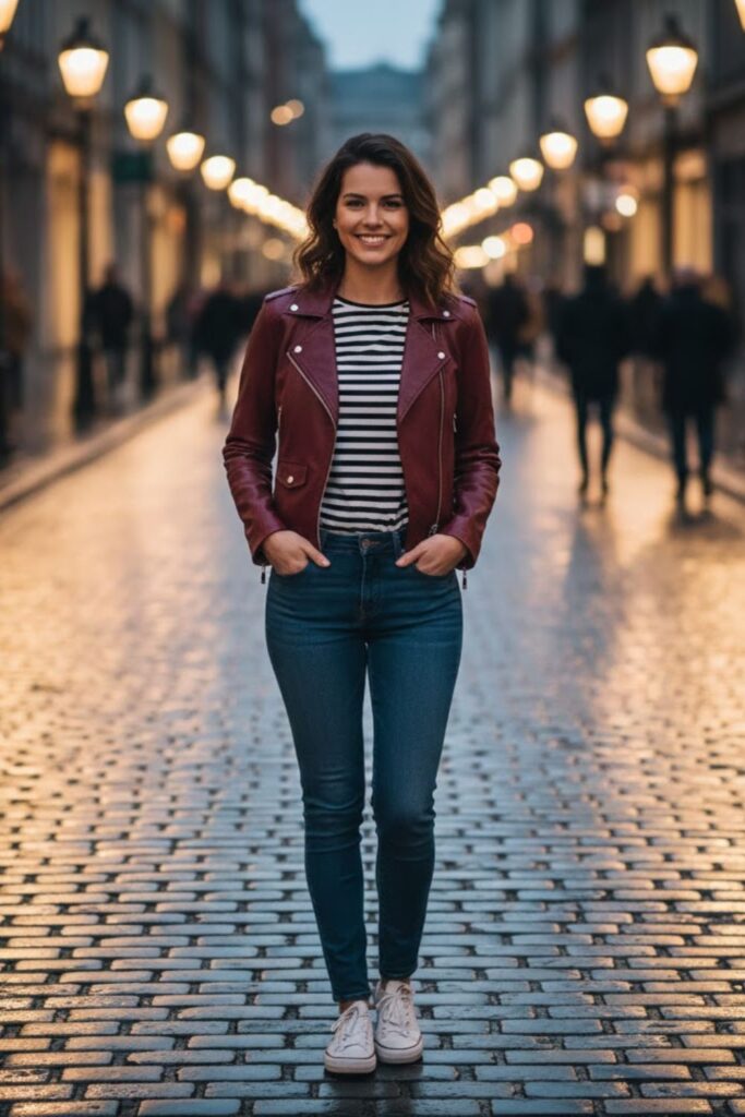 10. Maroon Leather Jacket with Striped Tee and Slim Jeans