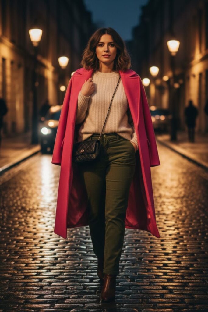 10. Pink long coat outfit with corduroy pants and neutral sweater