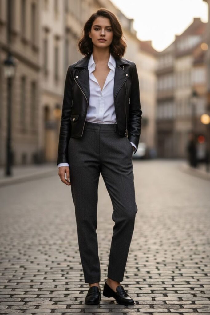 10. Short Leather Jacket with a Button-Down Shirt