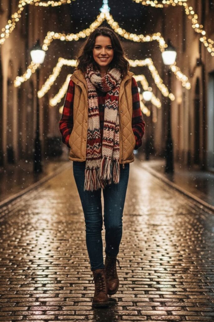 10. Skinny Jeans with Plaid Shirt and Vest