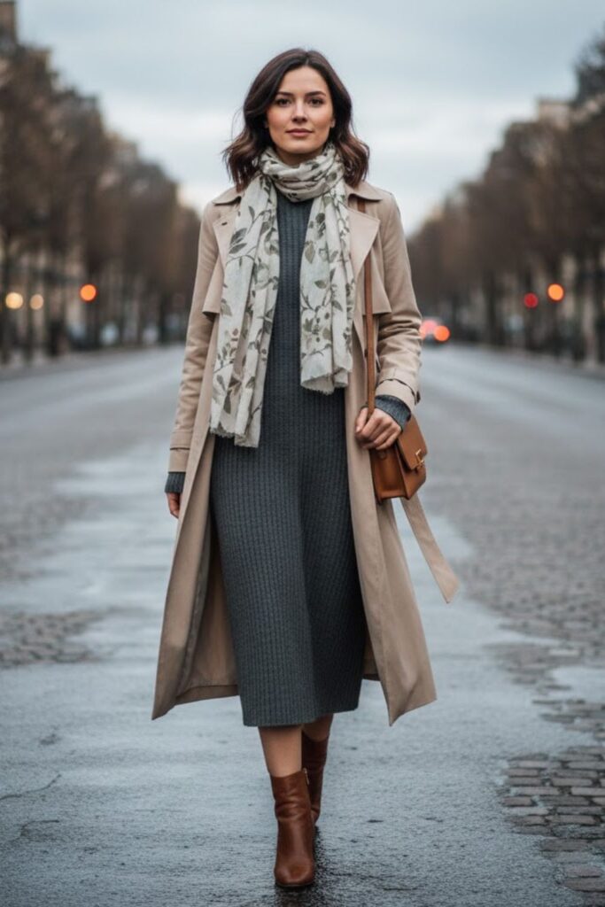 10. Spring Trench Coat with Sweater Dress