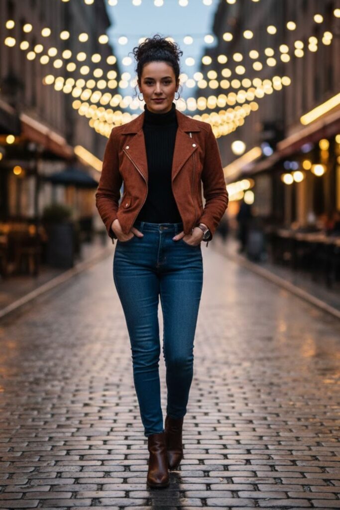 10. Suede Leather Jacket with Slim Denim and Turtleneck