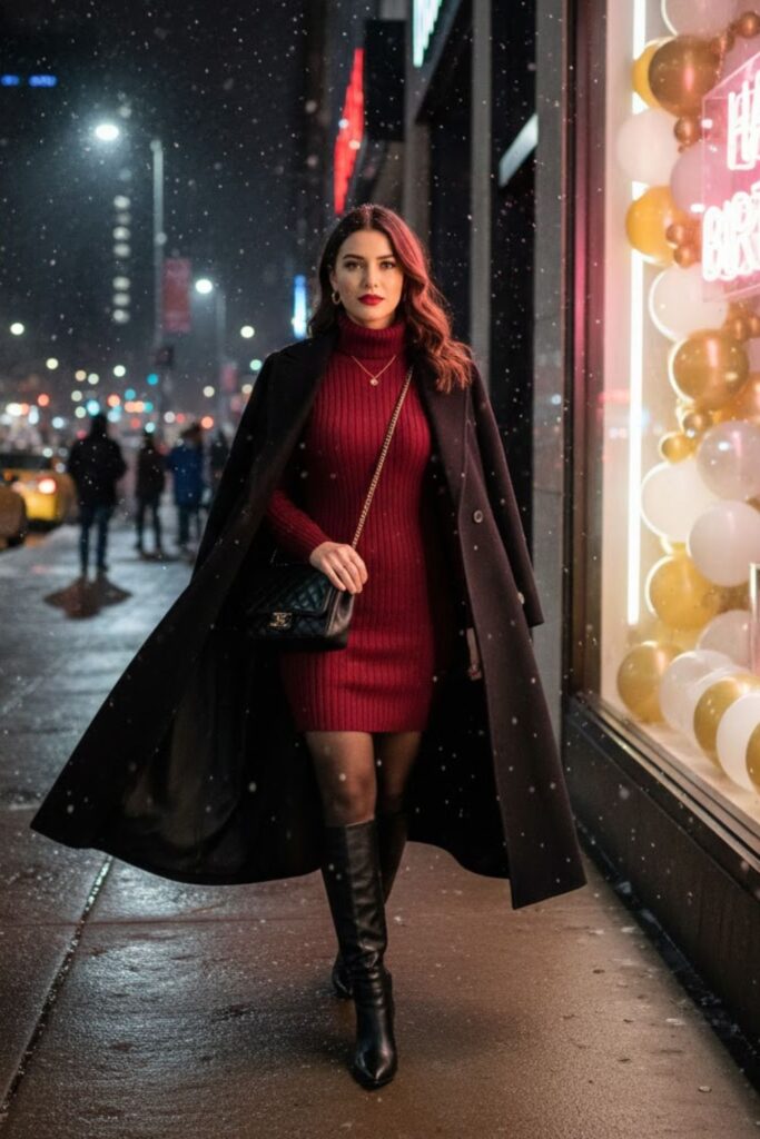 10. Turtleneck Dress With Knee-High Boots