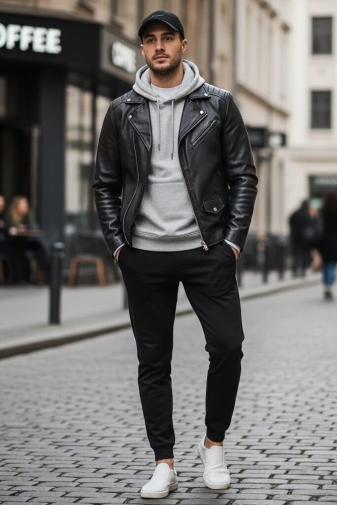 10. Vintage Leather Jacket with Hoodie and Joggers