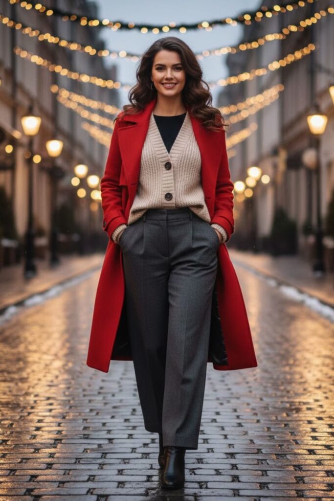 10. Winter Trench Coat with a Thick Cardigan and Wide-Leg Pants
