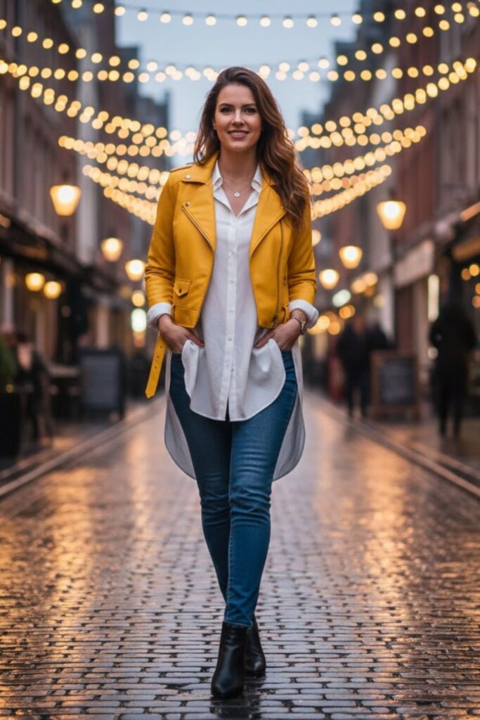 10. Yellow Leather Jacket with Longline Shirt and Slim Denim