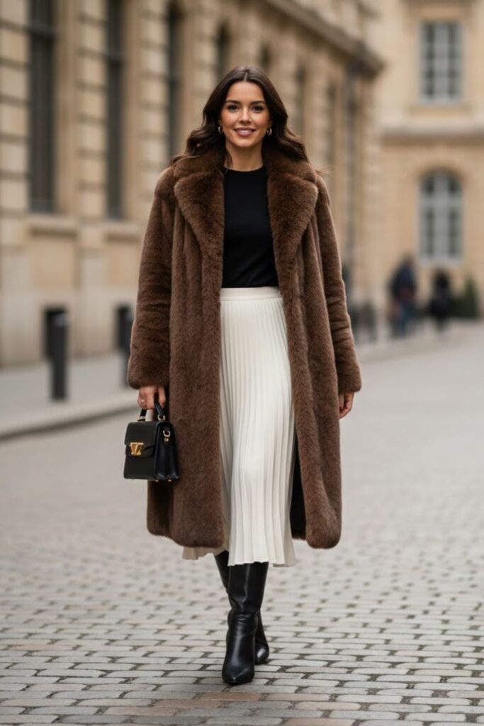 10. long fur coat outfit with pleated skirt and fitted top
