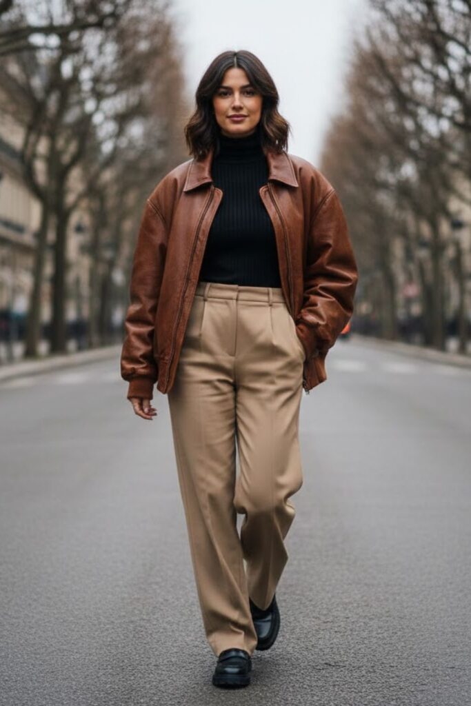 11. 90s Leather Jacket Outfit with Turtleneck