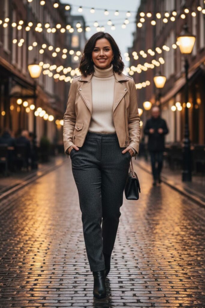 11. Beige Leather Jacket with a Turtleneck