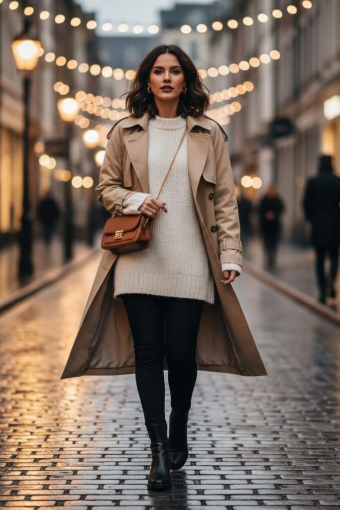 11. Beige Trench Coat With Oversized Sweater and Leggings