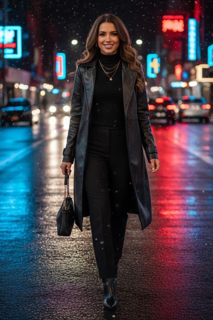 11. Black Faux Leather Coat with Black Dress Pants