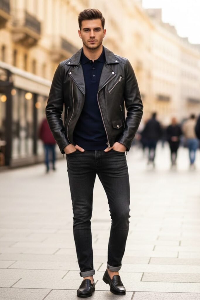 11. Black Leather Jacket Outfit Men with Polo Shirt and Slim Jeans