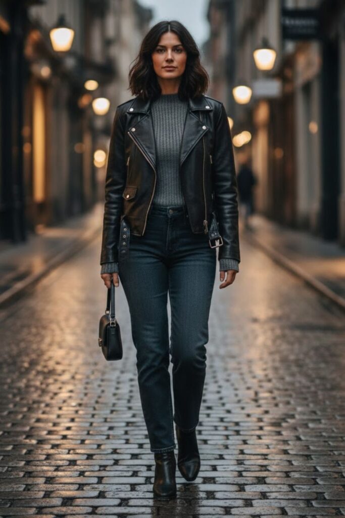 11. Black Leather Jacket and Ribbed Knit Top
